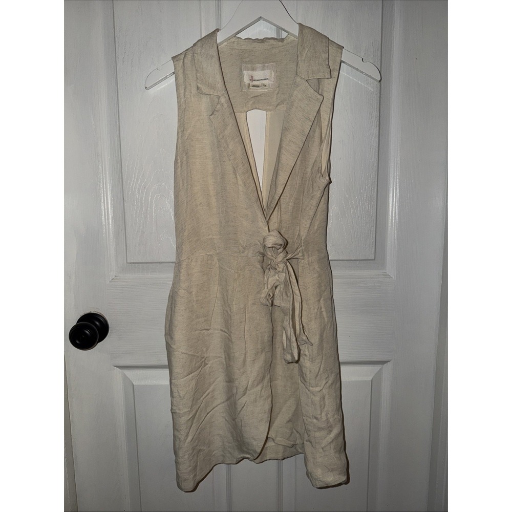 Anthropologie Linen Blend Wrap Mini Dress Ivory Sleeveless Open Cutout Back M